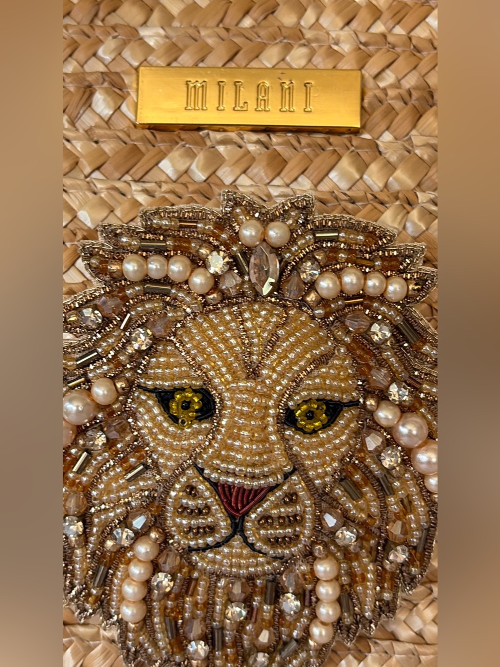 Milani Natural Straw Tote, Beaded Gold Lion Accent, Like New, 13x16 - Picture 12 of 12